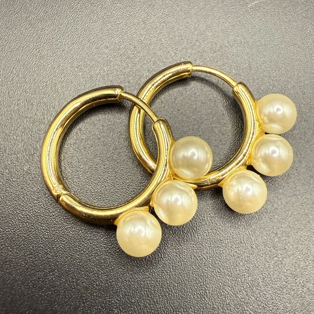 Gold Tone and Cream Faux Pearl Hoop Earrings - Picture 2 of 3
